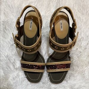 Miu Miu Beige and Dark Brown Glitter Ankle-Strap Sandals
